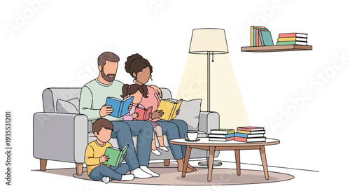 A family of four sitting together on a couch and floor in a cozy living room with books and a lamp, conveying a warm and relaxed atmosphere.