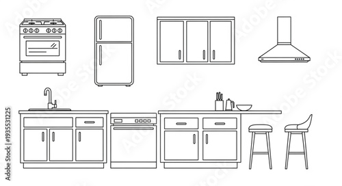 Kitchen appliances and cabinetry line drawing illustration.