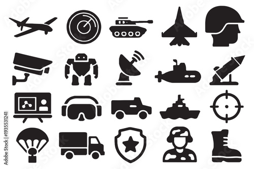 Military and technology icons for defense and security concepts