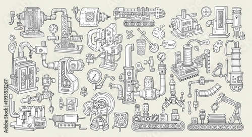 Collection of Industrial Factory Machines and Equipment Sketches.