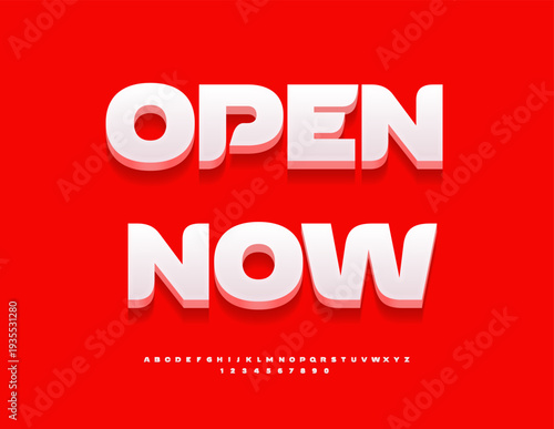 Vector Business banner Open Now. Trendy 3D Font. Classy set of Alphabet Letters and Numbers