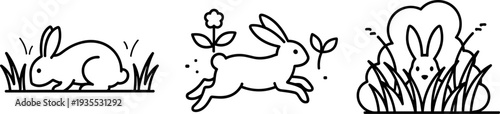Cute line art illustrations of rabbits in natural settings, showing different actions and poses