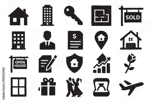 Black icons for real estate, property, and finance concepts