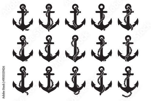 Set of black anchor icons with rope details for nautical designs