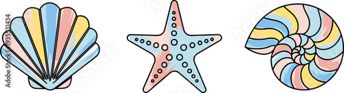Colorful cartoon seashell, starfish, and nautilus shell illustrations on white background