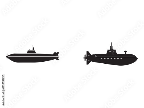 Silhouette of two submarines with propellers and conning towers on white background for military and naval concepts  submarine design and technology