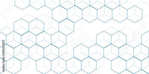 Abstract white background with blue hexagons seamless pattern and geometric in vector design. Futuristic blue neon honeycombs. Modern technology design .Minimal style website banner, decoration .