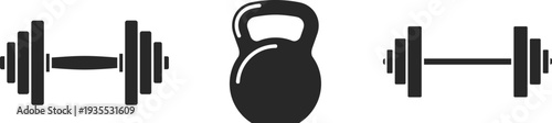 Collection of black silhouette fitness equipment including dumbbells and kettlebell