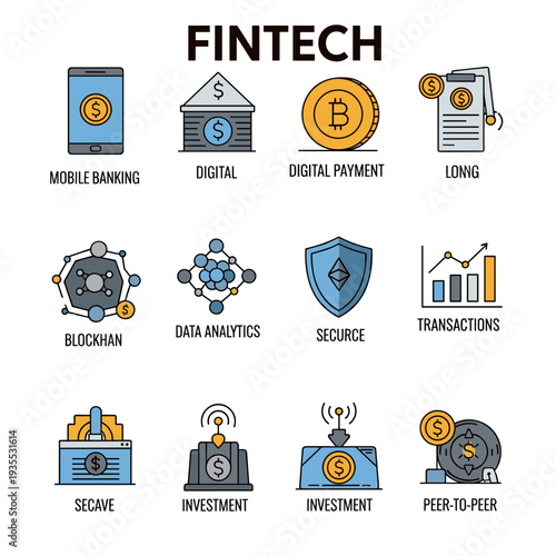 A comprehensive visual overview of FinTech concepts, including mobile banking, digital currency, blockchain, data analytics, and peer-to-peer transactions.