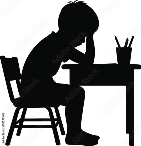 Sad Boy Sitting At School Desk Silhouette