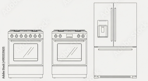 Kitchen appliances drawing including two stoves and a refrigerator.