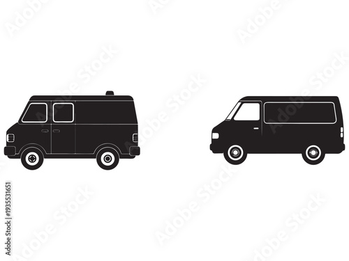 Silhouette of two vans side by side with white outlines on plain white background for design elements