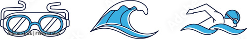 Swimming icons: goggles, wave, and swimmer in freestyle stroke