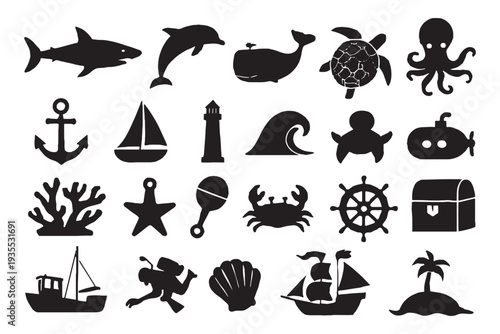 Collection of nautical icons featuring ocean creatures and sailing symbols