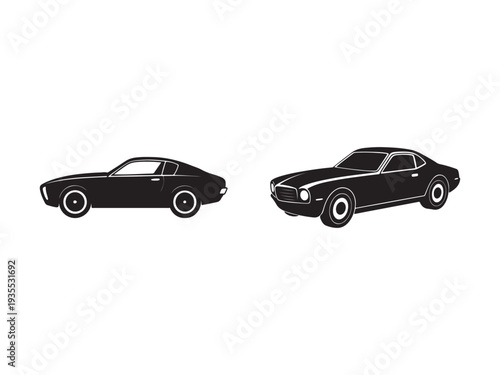 Silhouette of two vintage sports cars with headlights and wheels on white background  classic automobile designs