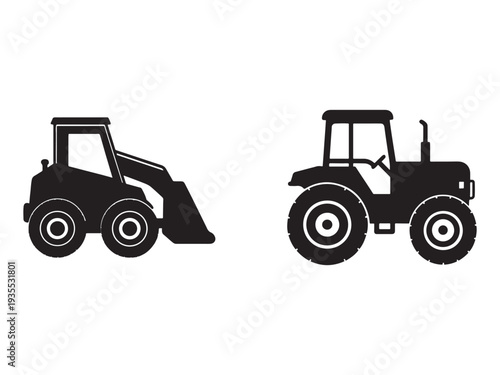 Silhouettes of a front loader and a tractor on white background  heavy machinery icons