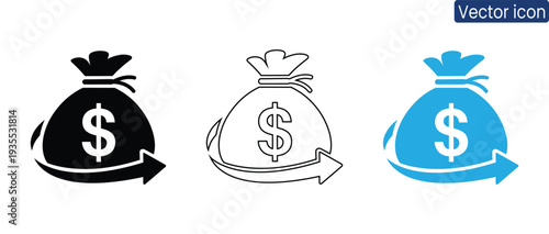 Set of modern money bag icons with dollar sign in black, white, and blue, perfect for finance and business concepts