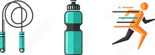 Fitness icons: jump rope, water bottle, and running figure for healthy lifestyle