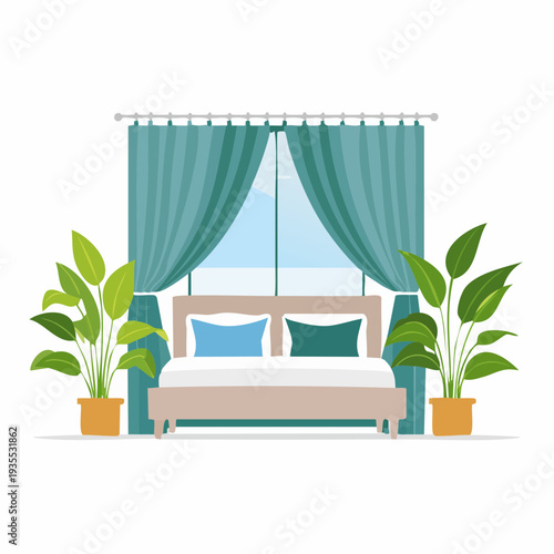 Cozy bedroom interior with large windows and lush green plants