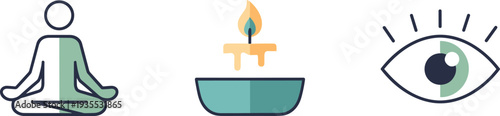 Meditation, candle, and eye icons representing mindfulness, relaxation, and awareness
