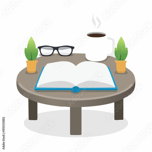 Cozy reading setup with an open book, steaming coffee, and glasses on a rustic table, perfect for relaxation