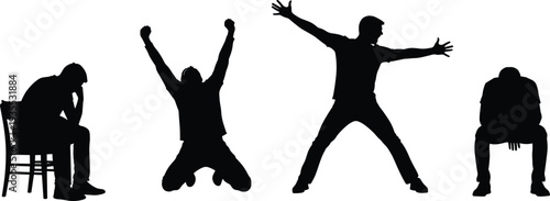 Silhouettes of Men Experiencing High and Low Emotions Representing Success Failure Victory Disappointment Sadness Joy and Excitement in Sports or Business
