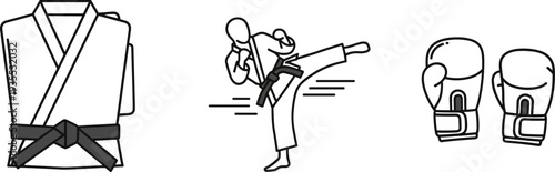 Martial arts icons: karate uniform, fighter kicking, and boxing gloves