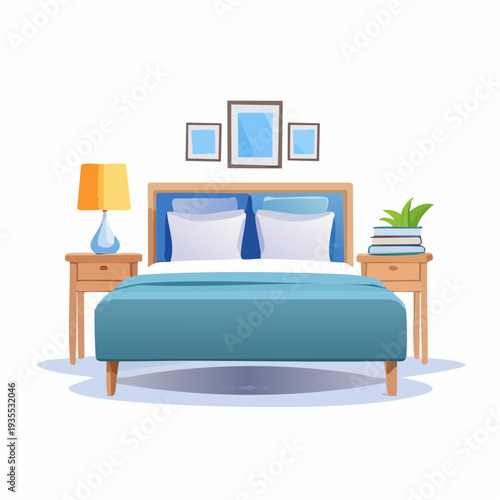 Cozy Bedroom Interior Design with Blue Bedding, Nightstands, and Wall Art