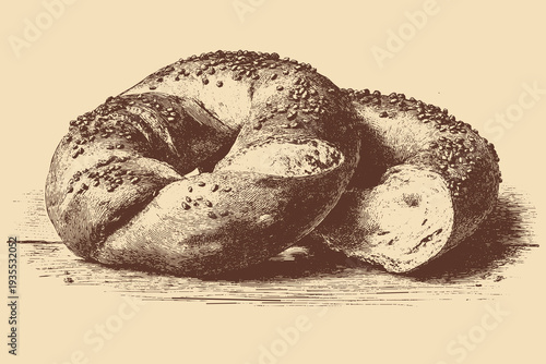 Turkish Simit (sesame bagel) illustration in a vintage style. This vector illustration can be used in any size you like for advertising, logos, and other work.