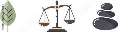 Balance between nature, justice, and tranquility represented by icons
