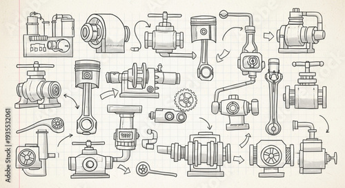 Collection of hand drawn mechanical parts and components.