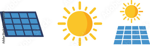 Solar panel and sun icons representing renewable energy and sustainable power generation