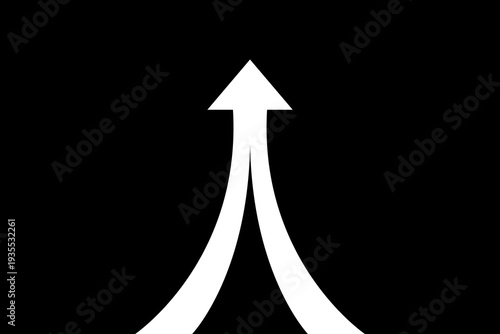 separate paths that merge into a single upward arrow isolated on dark black background - vector illustration