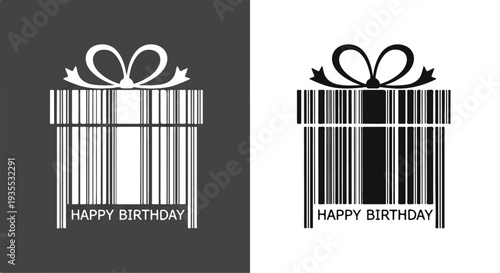 Black and white illustrations of two gift boxes with ribbons and 'HAPPY BIRTHDAY' text on solid gray and white backgrounds.