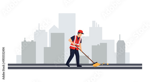 A worker in a safety vest and hard hat sweeps the street with a push broom against a city skyline background.