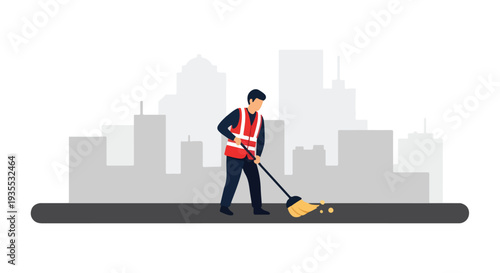 An illustration of a man in a safety vest sweeping with a push broom against a city skyline background.