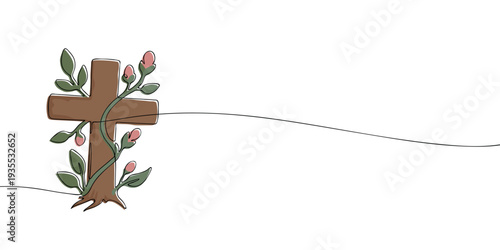 Illustration of a wooden Christian cross with blooming flowers and green leaves, symbolizing easter, resurrection, new life, hope, faith, and spiritual renewal.