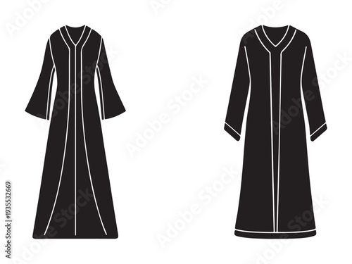 Traditional islamic clothing for men and women  long black robe with white trim  cultural and religious attire  simple and elegant design