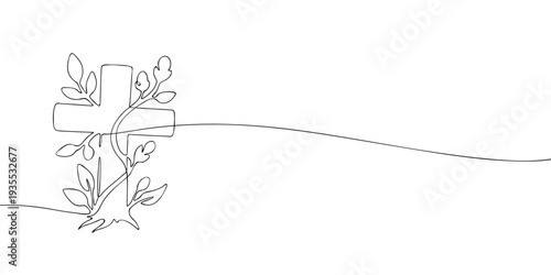 Minimal line illustration of a Christian cross with growing leaves, symbolizing faith, resurrection, hope, renewal, and spiritual life in spring.