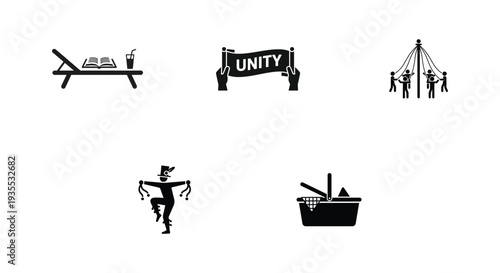 Black and white vector illustration set featuring unity, work, and leisure flat design icons