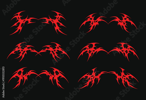 Symmetrical Red Cyber Sigilism Wings for Streetwear and Edgy Apparel Design, A set of aggressive symmetrical red wing shapes in a neo-tribal and cyber sigilism style perfect for t-shirt prints.