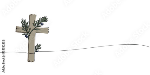 Minimal illustration of a wooden Christian cross with olive branches, symbolizing peace, faith, resurrection, hope, and spiritual renewal.
