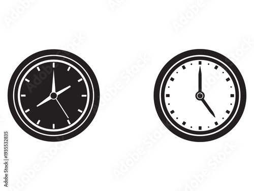 Two analog wall clocks with black and white faces and hour minute hands  clocks show different times