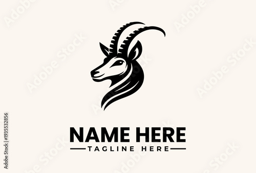 A stylized black goat logo illustration with a flowing mane and curved horns on a beige background, accompanied by a 'NAME HERE' text placeholder and 'TAGLINE HERE' in a simple, modern