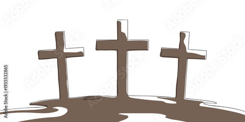 Minimal illustration of three crosses on a hill, symbolizing the crucifixion of Jesus Christ, sacrifice, faith, redemption, and Christian belief.