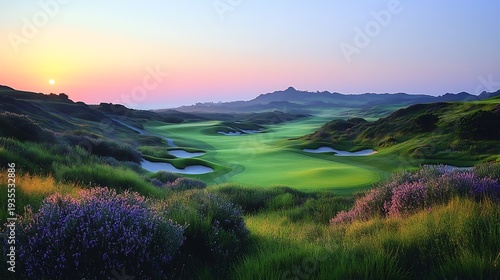 Golf course landscape at sunset