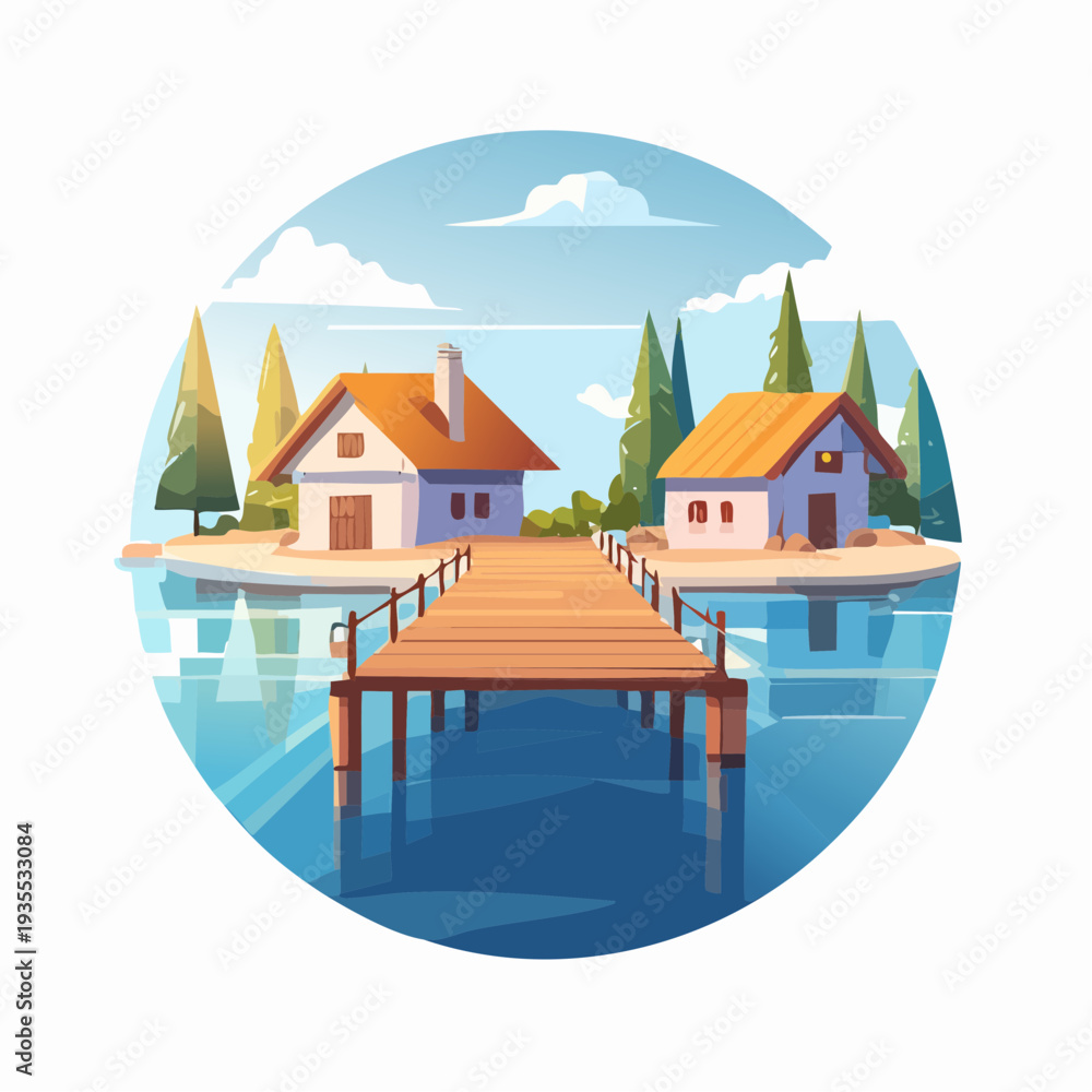 Fototapeta premium Charming Waterside Cottages Connected by a Wooden Pier Under a Sunny Sky