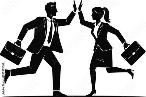 Business Partners High Five Silhouette Running with Briefcases Success Teamwork Vector Illustration