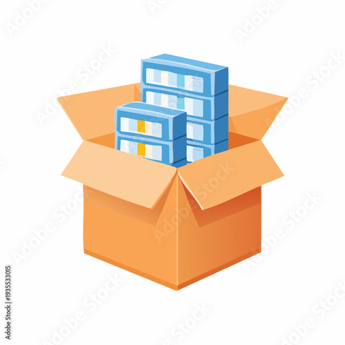 Cardboard box filled with blue and yellow software packages, symbolizing product delivery and order fulfillment processes
