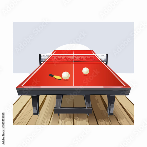 Table tennis game setup with paddles and balls on a wooden table with a white net